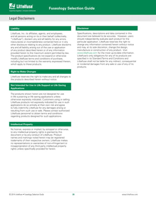 Fuseology Selection Guide
© 2014 Littelfuse • Fuseology Selection Guide www.littelfuse.com
Liability
Littelfuse, Inc. its affiliates, agents, and employees,
and all persons acting on its or their behalf (collectively,
“Littelfuse”), disclaim any and all liability for any errors,
inaccuracies or incompleteness contained here or in any
other disclosure relating to any product. Littelfuse disclaims
any and all liability arising out of the use or application
of any product described herein or of any information
provided herein to the maximum extent permitted by law.
The product specifications do not expand or otherwise
modify Littelfuse terms and conditions of purchase,
including but not limited to the warranty expressed therein,
which apply to these products.
Right to Make Changes
Littelfuse reserves the right to make any and all changes to
the products described herein without notice.
Not Intended for Use in Life Support or Life Saving
Applications
The products shown herein are not designed for use
in life sustaining or life saving applications unless
otherwise expressly indicated. Customers using or selling
Littelfuse products not expressly indicated for use in such
applications do so entirely at their own risk and agree
to fully indemnify Littelfuse for any damages arising or
resulting from such use or sale. Please contact authorized
Littelfuse personnel to obtain terms and conditions
regarding products designed for such applications.
Intellectual Property
No license, express or implied, by estoppel or otherwise,
to any intellectual property rights is granted by this
document or by any conduct of Littelfuse. Product
names and markings noted herein may be registered
trademarks of their respective owners. Littelfuse makes
no representations or warranties of non-infringement or
misappropriation of any third party intellectual property
rights unless specifically provided for herein.
Legal Disclaimers
Disclaimer
Specifications, descriptions and data contained in this
document are believed to be accurate. However, users
should independently evaluate each product for the
particular application. Littelfuse reserves the right to
change any information contained herein without notice
and may, at its sole discretion, change the design,
manufacture or construction of any product. Visit
www.littelfuse.com for the most up-to-date information.
Littelfuse’s only obligations for any of its products are
specified in its Standard Terms and Conditions and
Littelfuse shall not be liable for any indirect, consequential
or incidental damages from any sale or use of any of its
products.
20
 