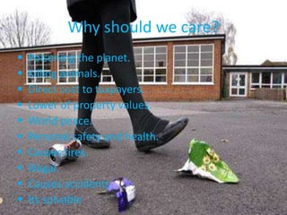 Why should we care?
 Poisoning the planet.
 Killing animals.
 Direct cost to taxpayers.
 Lower of property values.
 World peace.
 Personal safety and health.
 Causes fires.
 Illegal.
 Causes accidents
 Its solvable
 