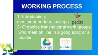 WORKING PROCESS
1- Introduction:
meet your partners using a
2- Organize transnational work groups
who meet on line in a googledoc or a
tricider
 
