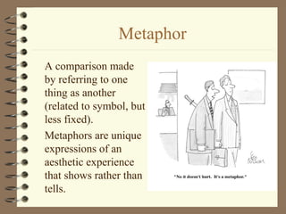 Metaphor
A comparison made
by referring to one
thing as another
(related to symbol, but
less fixed).
Metaphors are unique
expressions of an
aesthetic experience
that shows rather than
tells.
 