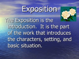 Exposition The Exposition is the introduction.  It is the part of the work that introduces the characters, setting, and basic situation. 