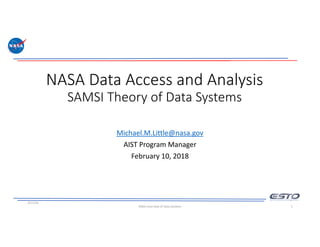 NASA Data Access and Analysis
SAMSI Theory of Data Systems
Michael.M.Little@nasa.gov
AIST Program Manager
February 10, 2018
2/11/18
NASA Overview of Data Systems 1
 