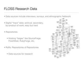 FLOSS Research Data

• Data sources include interviews, surveys, and ethnographic ﬁeldwork


• Digital “trace” data: archival, secondary,
  by-product of work, easy but hard


• Repositories


   • Hosting “forges” like SourceForge,
     FreshMeat, RubyForge, etc.


• RoRs: Repositories of Repositories


   • Data sources for research
 