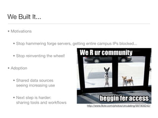 We Built It...

• Motivations


  • Stop hammering forge servers, getting entire campus IPs blocked...


  • Stop reinventing the wheel!


• Adoption


  • Shared data sources
    seeing increasing use


  • Next step is harder:
    sharing tools and workﬂows
                                          http://www.ﬂickr.com/photos/circulating/997909242/
 