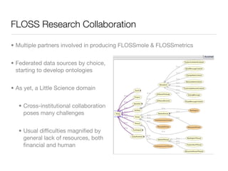 FLOSS Research Collaboration

• Multiple partners involved in producing FLOSSmole & FLOSSmetrics


• Federated data sources by choice,
  starting to develop ontologies


• As yet, a Little Science domain


   • Cross-institutional collaboration
     poses many challenges


   • Usual difﬁculties magniﬁed by
     general lack of resources, both
     ﬁnancial and human
 