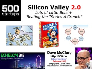 Silicon Valley 2.0
Lots of Little Bets +
Beating the “Series A Crunch”
Dave McClure
http://500.co
(@DaveMcClure)
Echelon 2013
Singapore, June 2013
http://slideshare.net/dmc500hats
 