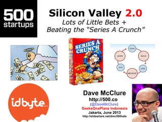 Silicon Valley 2.0
Lots of Little Bets +
Beating the “Series A Crunch”
Dave McClure
http://500.co
(@DaveMcClure)
GeeksOnaPlane Indonesia
Jakarta, June 2013
http://slideshare.net/dmc500hats
 
