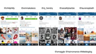 •  examples	
  
@smaggle @hairromance #littleblogbig!
@chiliphilly @emmakateco @cj_hendry @socalitybarbie @laurenepbath!
!
 