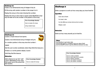 20
Challenge 22
Create a two-dimensional array of integers 10 by 10.
Fill the array with random numbers in the range 0 to 15
Display the array on the screen showing the numbers
Display the array on the screen as spaces whose BackColor prop-
erty has been set to the number in this position of the array.
Prior Knowledge Needed
How to create 2D arrays
Using nested loops
Challenge 23
Create a simple treasure hunt game.
Create a two-dimensional array of integers 10 by 10.
In a random position in the array store the number 1.
repeat
Get the user to enter coordinates where they think the treasure is.
If there is a 1 at this position display ‘success’.
Until they find the treasure
Extension
Add a feature to say ‘hot’ ‘cold’
‘warm’ depending on how close
their guess was to the actual hid-
den location.
Prior Knowledge Needed
How to create 2D arrays
5
Prior Knowledge Needed
How to create variables
How to input data into a variable
How to display variables
How to use system functions.
How to use system variables
Challenge 5
Write a program to work out how many days you have lived for.
Agorithm
Enter date of birth
Get today’s date
Get the difference in days between the two dates
Display result
Extension
Work out how many seconds you’ve lived for.
Hints
Use Date.Now to get today’s date
Use the date type for a variable to store your date of birth
Use the datediff function to get the difference between two days
 