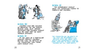 Article 42
The Government should
make the Convention known to
parents and children.
Article 40
Children who are accused
of breaking the law should
receive legal help. Prison
sentences for children should
only be used for the most
serious offences.
Article 41
If the laws of a particular
country protect children
better than the articles of
the Convention, then those
laws should stay.
The Convention on the Rights of
the Child has 54 articles in all.
Articles 43−54 are about how
adults and governments should
work together to make sure all
children get all their rights.
10
20 21
 