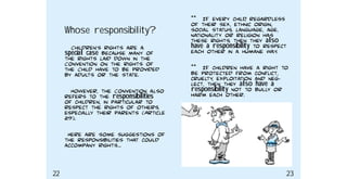 ** IF every child, regardless
of their sex, ethnic origin,
social status, language, age,
nationality or religion has
these rights, then they also
have a responsibility to respect
each other in a humane way.
** IF children have a right to
be protected from conflict,
cruelty, exploitation and neg−
lect, then they also have a
responsibility not to bully or
harm each other.
Whose responsibility?
Children’s rights are a
special case because many of
the rights laid down in the
Convention on the Rights of
the Child have to be provided
by adults or the state.
However, the Convention also
refers to the responsibilities
of children, in particular to
respect the rights of others,
especially their parents (Article
29).
Here are some suggestions of
the responsibilities that could
accompany rights…
22 23
 