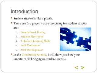 Introduction Student success is like a puzzle. There are five pieces we are discussing for student success are: Standardized Testing Student Motivation Enhanced Learning Skills Staff Motivation Staff Development In the Conclusion Section, I will show you how your investment is bringing on student success. > <