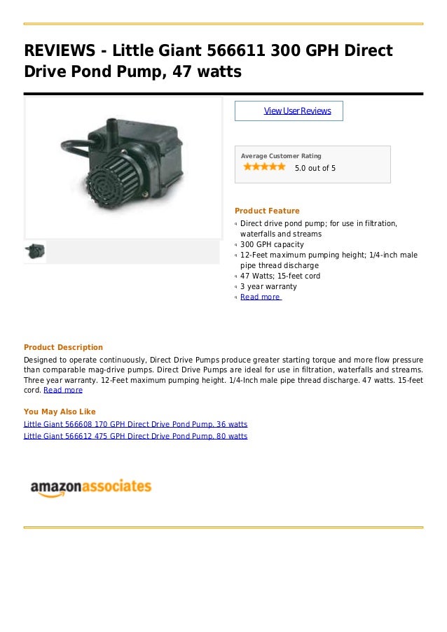 Little giant 566611 300 gph direct drive pond pump, 47 watts