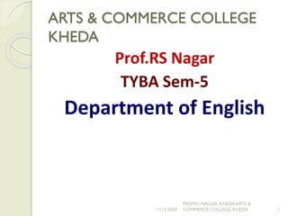 ARTS & COMMERCE COLLEGE
KHEDA
Prof.RS Nagar
TYBA Sem-5
Department of English
11/13/2020
PROF.RS NAGAR, KHEDA ARTS &
COMMERCE COLLEGE, KHEDA 1
 