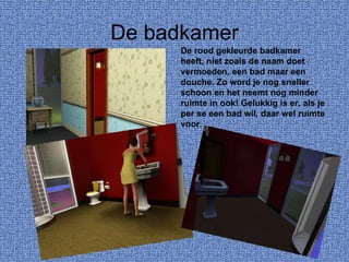 De badkamer De rood gekleurde badkamer heeft, niet zoals de naam doet vermoeden, een bad maar een douche. Zo word je nog sneller schoon en het neemt nog minder ruimte in ook! Gelukkig is er, als je per se een bad wil, daar wel ruimte voor. 