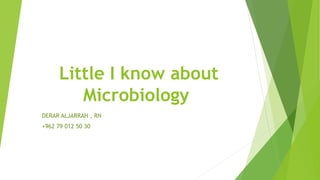 Little I know about
Microbiology
DERAR ALJARRAH , RN
+962 79 012 50 30
 