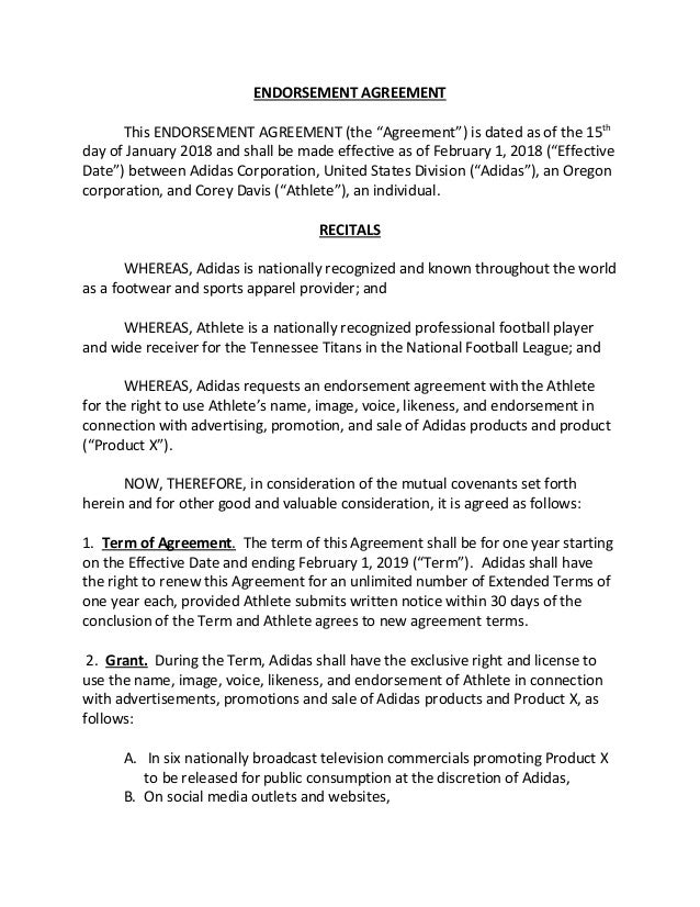 drafted endorsement agreement professional athlete contract template