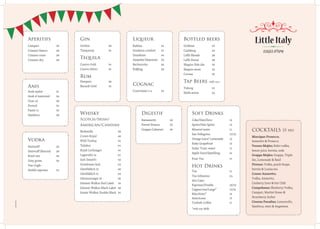 Bottled beers
Goldstar		 24
Carlsberg		 24
Leffe Blonde		 28
Leffe Brune		 28
Shapiro Pale Ale	 30
Shapiro stout		 30
Corona			 30
Tap Beers (400 ml)
Tuborg		 23
Stella artois		 26
Anis
Arak ayalot		 21
Arak el namroud	 26
Uozo 12		 28
Pernod			 36
Pastis 51		 30
Sambuca		 28
Aperitifs
Campari		 30
Cinzano bianco	 28
Cinzano rosso		 28
Cinzano dry		 28
Vodka
Smirnoff		 26
Smirnoff (flavors)	 28
Ketel one		 38
Grey goose		 58
Van Gogh-
double espresso	 54
Gin
Gordon		 28
Tanqueray		 36
Tequila
Cuervo Gold		 36
Cuervo Silver		 36
Rum
Pampero		 28
Bacardi Gold		 32
Whisky
Scotch/Irish/
American/Candian
Bushmills			 28
Crown Royal			 48
Wild Turkey			 34
Talisker			 54
Royal Lochnager		 54
Lagavulin 16			 65
Jack Daniel’s			 42
Gentleman Jack		 62
Glenfiddich 12			 48
Glenfiddich 15			 62
Glenmorangie 10		 58
Johnnie Walker Red Label	 30
Johnnie Walker Black Label	 48
Jonnie Walker Double Black	 54
Liqueur
Kahlua			 34
Southern comfort	 35
Drambuie		 44
Amaretto Disaronno	 30
Becherovka		 26
Fidjling		 28
Cognac
Courvoisier v.s.	 52
Digestif
Ramazzotti		 40
Fernet Branca		 30
Grappa Cabarnet	 38
Soft Drinks
Coke/Diet/Zero		 12
Sprite/Diet Sprite		 12
Mineral water			 11	
San Pellegrino			 13/25
Orange Juice/ Lemonade	 12
Ruby Grapefruit 		 12
Soda/ Tonic water 		 11
Apple Juice/Sparkling		 16
Fuze Tea			 13
Hot Drinks
Tea				 11
Tea Infusions 			 24
Hot Cider
Espresso/Double		 10/12
Cappuccino/Large* 	 	 13/16	
Macchiato*			 12
Americano			 13
Turkish Coffee		 11
*with soy Milk
COCKTAILS 35 nis
Marzipan Prosecco;
Amaretto & Prosecco
Verona Mojito; Rsbri vodka,
lemon juice, berries, soda
Grappa Mojito; Grappa, Triple
Sec, Lemonade & Basil
Firenze; Vodka, peach Snaps,
berries & Louisa tea
Cosmo Amaretto;
Vodka, Amaretto,
Canberry Juice & hot Chili
Campobasso; Blueberry Vodka,
Campari, Martini Rosso &
Strawberry Sorbet
Cinema Paradiso; Lemoncello,
Sambuca, mint & Angestura
161220121721976
 