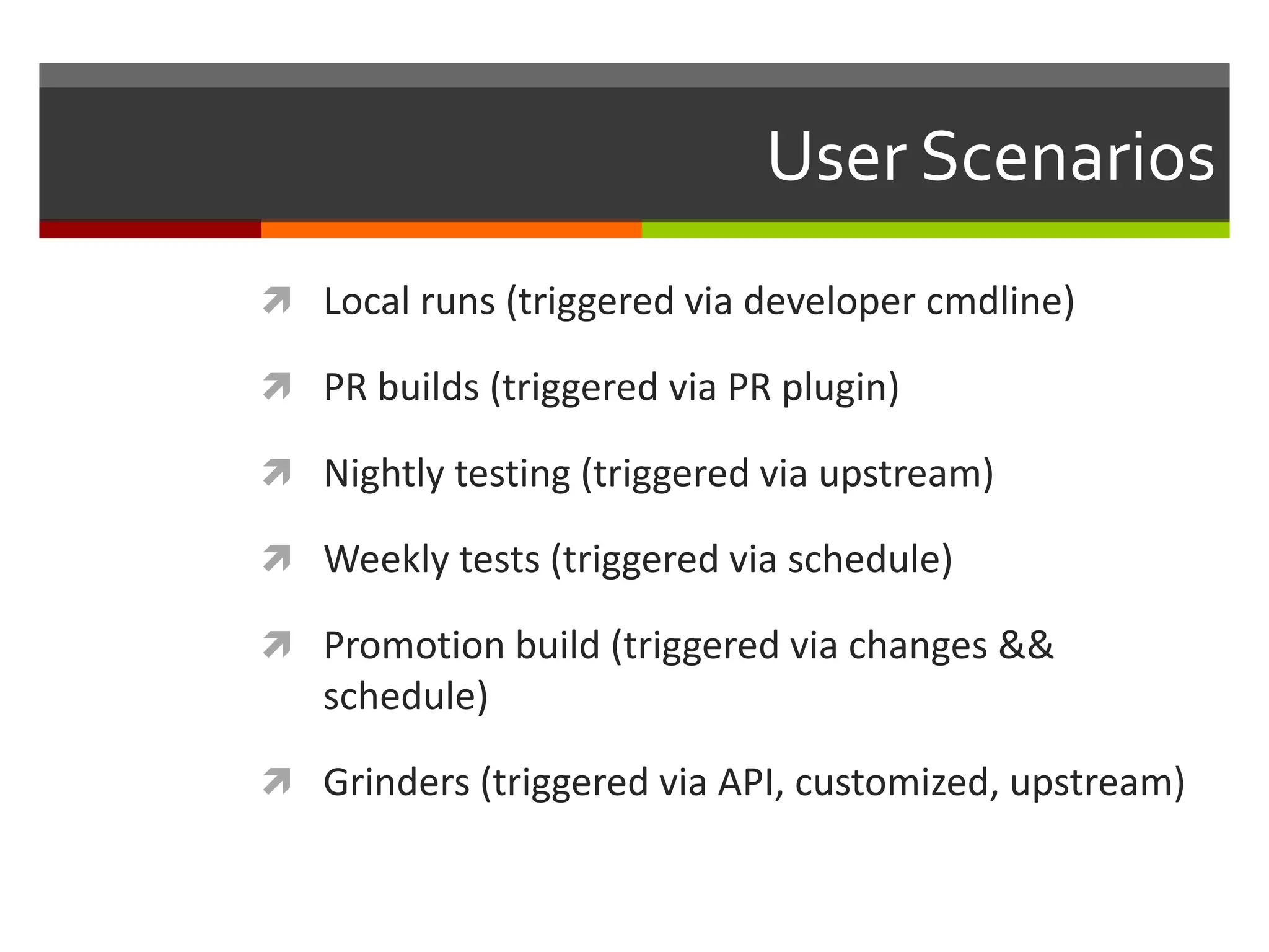 User Scenarios
 Local runs (triggered via developer cmdline)
 PR builds (triggered via PR plugin)
 Nightly testing (triggered via upstream)
 Weekly tests (triggered via schedule)
 Promotion build (triggered via changes &&
schedule)
 Grinders (triggered via API, customized, upstream)
 