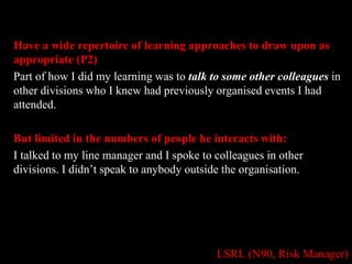 Have a wide repertoire of learning approaches to draw upon as 
appropriate (P2) 
Part of how I did my learning was to talk to some other colleagues in 
other divisions who I knew had previously organised events I had 
attended. 
But limited in the numbers of people he interacts with: 
I talked to my line manager and I spoke to colleagues in other 
divisions. I didn’t speak to anybody outside the organisation. 
LSRL (N90, Risk Manager) 
 