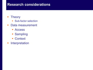 Research considerations 
 Theory 
 Sub-factor selection 
 Data measurement 
 Access 
 Sampling 
 Context 
 Interpretation 
 