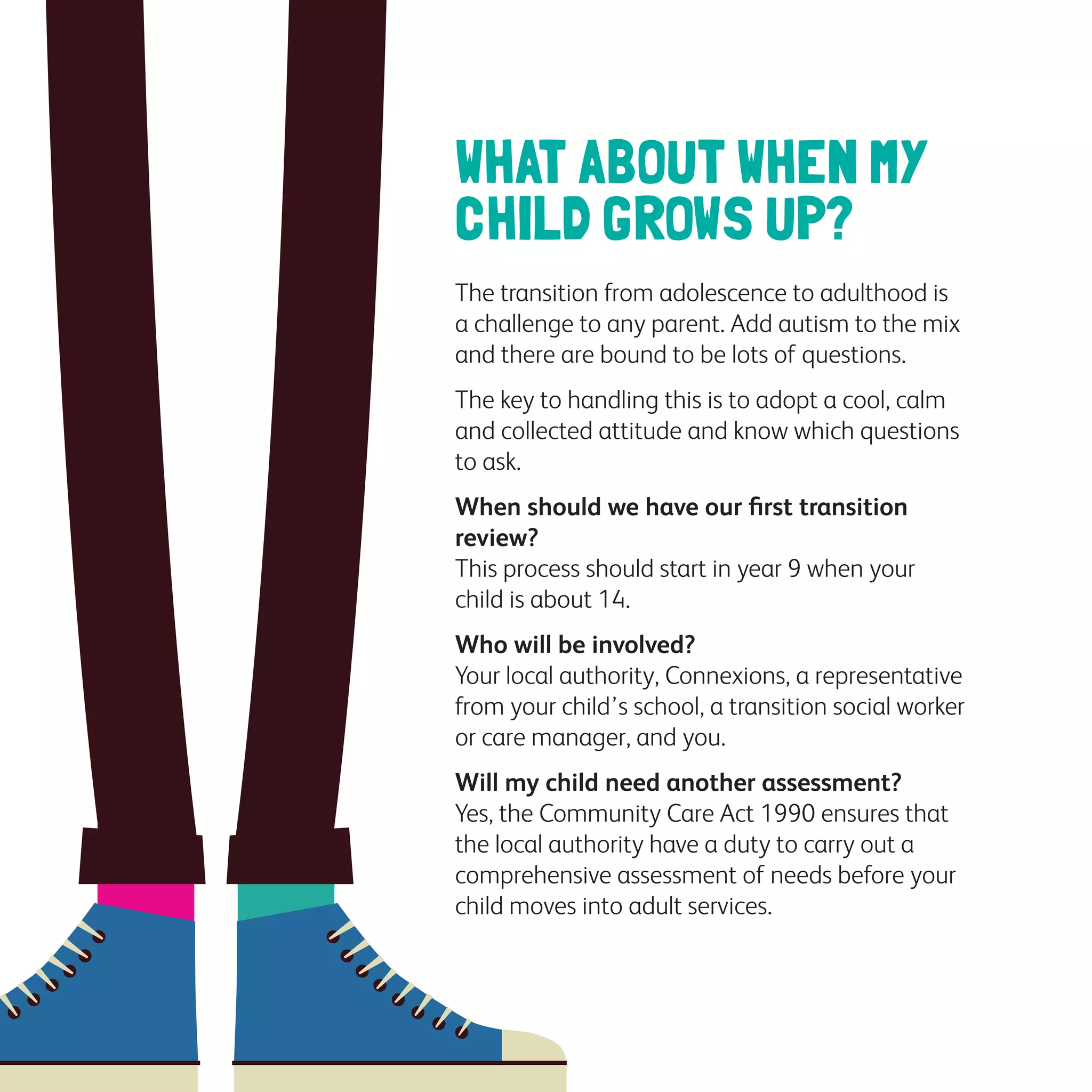 WHAT ABOUT WHEN MY
CHILD GROWS UP?
The transition from adolescence to adulthood is
a challenge to any parent. Add autism to the mix
and there are bound to be lots of questions.
The key to handling this is to adopt a cool, calm
and collected attitude and know which questions
to ask.
When should we have our first transition
review?
This process should start in year 9 when your
child is about 14.
Who will be involved?
Your local authority, Connexions, a representative
from your child’s school, a transition social worker
or care manager, and you.
Will my child need another assessment?
Yes, the Community Care Act 1990 ensures that
the local authority have a duty to carry out a
comprehensive assessment of needs before your
child moves into adult services.
 