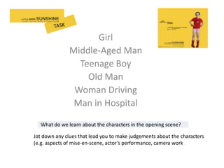 Girl
               Middle-Aged Man
                 Teenage Boy
                   Old Man
                Woman Driving
                Man in Hospital

  What do we learn about the characters in the opening scene?

Jot down any clues that lead you to make judgements about the characters
(e.g. aspects of mise-en-scene, actor’s performance, camera work
 