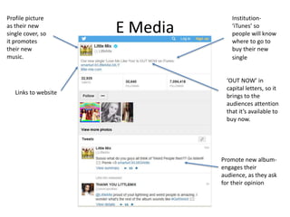 E Media
Links to website
Promote new album-
engages their
audience, as they ask
for their opinion
Institution-
‘iTunes’ so
people will know
where to go to
buy their new
single
‘OUT NOW’ in
capital letters, so it
brings to the
audiences attention
that it’s available to
buy now.
Profile picture
as their new
single cover, so
it promotes
their new
music.
 