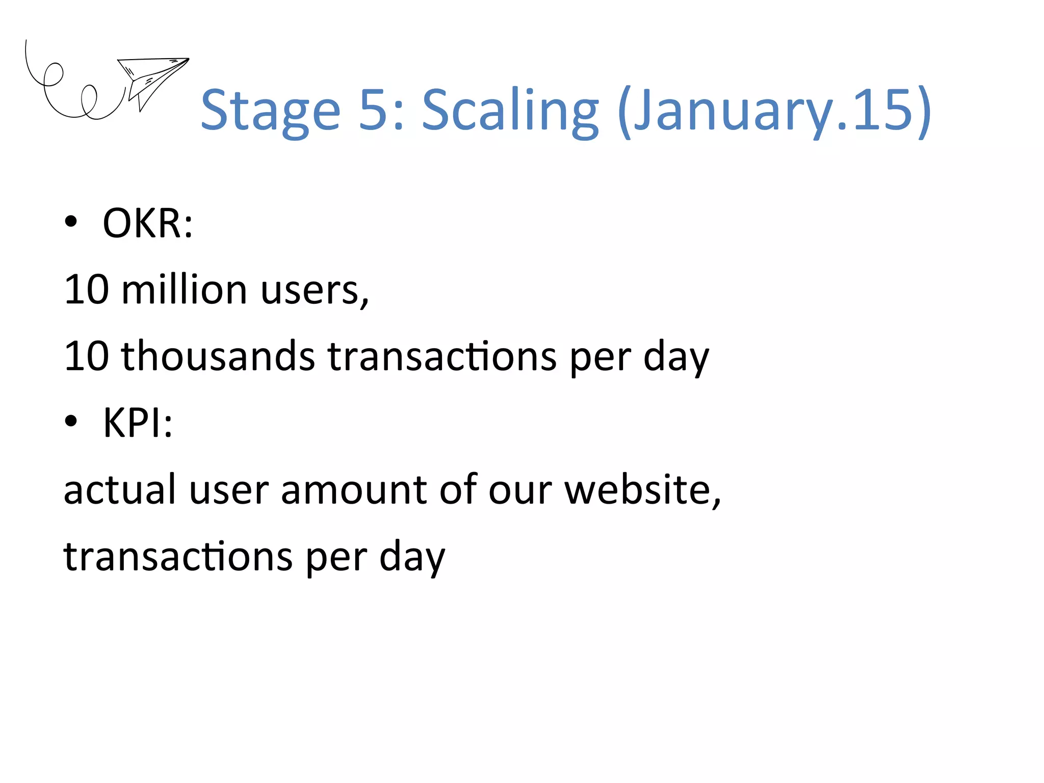 Stage	5:	Scaling	(January.15)
•  OKR:	
10	million	users,		
10	thousands	transacRons	per	day	
•  KPI:		
actual	user	amount	of	our	website,		
transacRons	per	day	
 