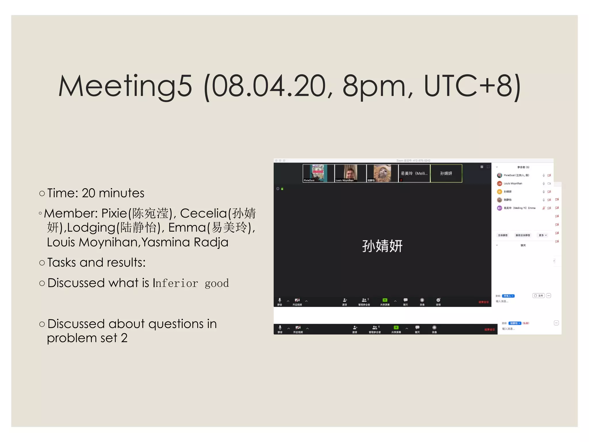Meeting5 (08.04.20, 8pm, UTC+8)
◦ Time: 20 minutes
◦ Member: Pixie(陈宛滢), Cecelia(孙婧
妍),Lodging(陆静怡), Emma(易美玲),
Louis Moynihan,Yasmina Radja
◦ Tasks and results:
◦ Discussed what is Inferior good
◦ Discussed about questions in
problem set 2
 
