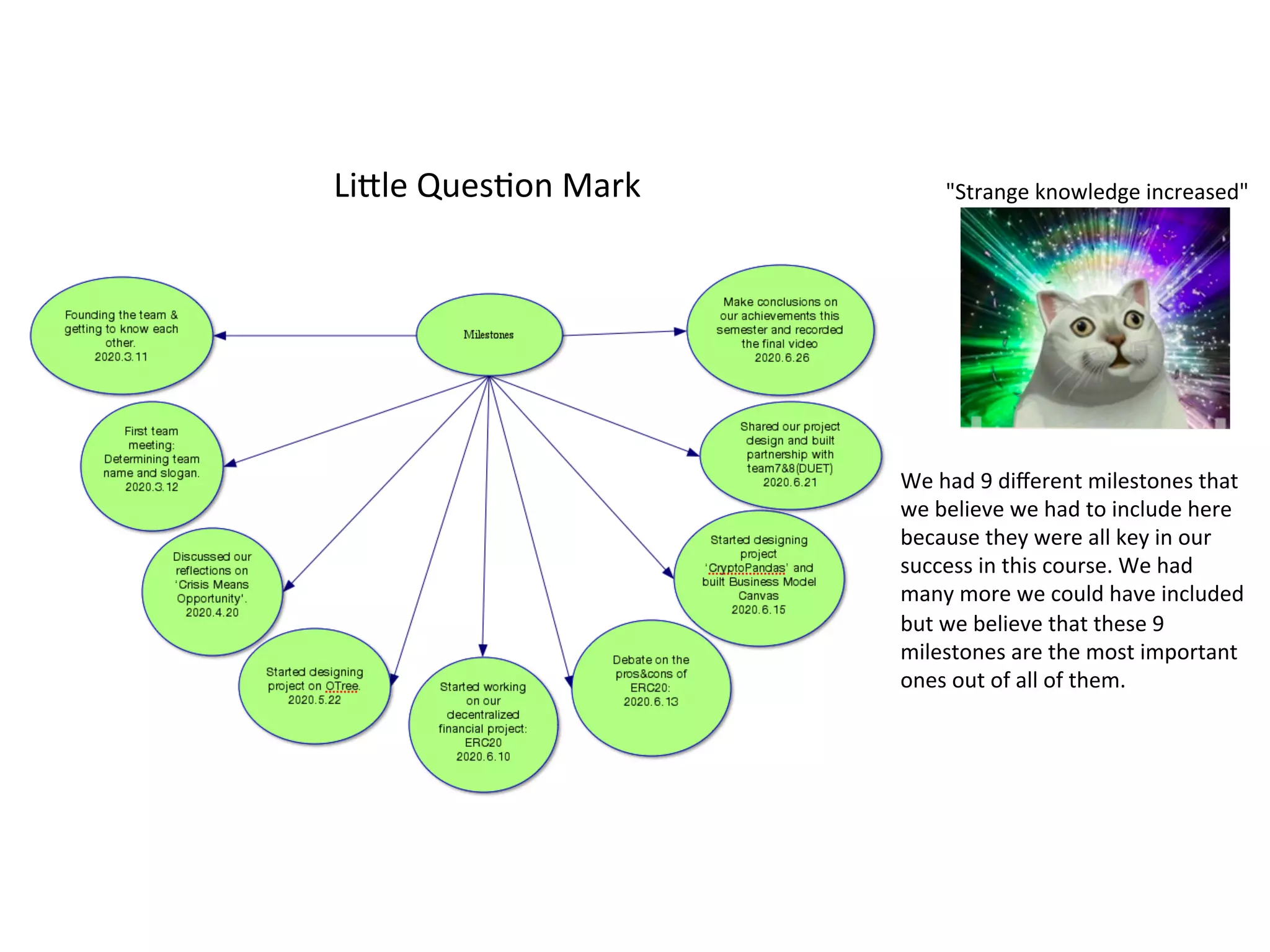 LiKle	QuesRon	Mark		 "Strange	knowledge	increased"	
We	had	9	diﬀerent	milestones	that	
we	believe	we	had	to	include	here	
because	they	were	all	key	in	our	
success	in	this	course.	We	had	
many	more	we	could	have	included	
but	we	believe	that	these	9	
milestones	are	the	most	important	
ones	out	of	all	of	them.		
 