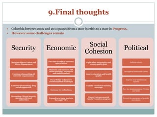 9.Final thoughts 
 Colombia between 2002 and 2010 passed from a state in crisis to a state in Progress. 
 However some challenges remain 
Security 
Maintain Macro-Vision and 
Micro-Management 
Continue dismantling all 
terrorist organizations 
Continue dismantling drug 
cartels apparatus. 
Strengthen Citizen Security 
agendas with local 
authorities 
Economic 
Face new trends of currency 
appreciation 
Maintain and increase FDI 
flows (Security, incentives 
and stability rules) 
Fiscal Policy to face new 
countercyclical challenges 
Increase tax collections 
Expand new trade markets 
through FTA’s 
Social 
Cohesion 
Fight labor informality and 
create quality jobs 
Insure education and health 
quality 
Expand vocational training 
coverage 
Create Entrepreneurial 
Family Transfers program 
Political 
Judicial reform. 
Strengthen Democratic Center 
Improve local institutional 
capacity 
New law implementation (Victims 
and land) 
Prevent the emergence of populist 
movements 
 
