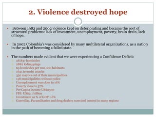 2. Violence destroyed hope 
 Between 1982 and 2002 violence kept on deteriorating and became the root of 
structural problems: lack of investment, unemployment, poverty, brain drain, lack 
of hope. 
 In 2002 Colombia's was considered by many multilateral organizations, as a nation 
in the path of becoming a failed state. 
 The numbers made evident that we were experiencing a Confidence Deficit: 
 28.837 homicides 
 2882 kidnappings 
 69 homicides per 100.000 habitants 
 1645 terrorist attacks 
 350 mayors out of their municipalities 
 158 municipalities without police 
 Unemployment was close to 16% 
 Poverty close to 57% 
 Per Capita income US$2300 
 FDI: US$2.1 billion 
 Investment as % of GDP: 16% 
 Guerrillas, Paramilitaries and drug dealers exercised control in many regions 
 