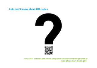kids don’t know about QR codes




           “only 28% of teens are aware they have software on their phones to
                                                 read QR codes”. Dubit, 2011 
 