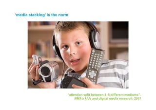 ‘media stacking’ is the norm




                           “attention split between 4‐5 different mediums”.
                                NMA’s kids and digital media research, 2011
 