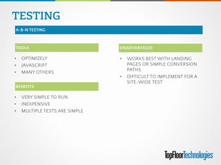 TESTING
A-B-N TESTING
• OPTIMIZELY
• JAVASCRIPT
• MANY OTHERS
TOOLS
• VERY SIMPLE TO RUN
• INEXPENSIVE
• MULTIPLE TESTS ARE SIMPLE
BENEFITS
DISADVANTAGES
• WORKS BEST WITH LANDING
PAGES OR SIMPLE CONVERSION
PATHS
• DIFFICULT TO IMPLEMENT FOR A
SITE-WIDE TEST
 