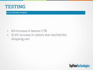 TESTING
A-B-N TESTING EXAMPLE
• 6% increase in banner CTR
• 21.3% increase in visitors that reached the  
shopping cart
 