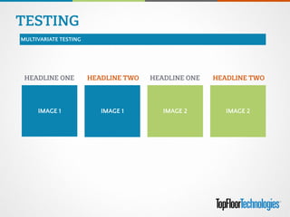 TESTING
MULTIVARIATE TESTING
IMAGE 1
HEADLINE ONE
IMAGE 1
HEADLINE TWO
IMAGE 2
HEADLINE ONE
IMAGE 2
HEADLINE TWO
 