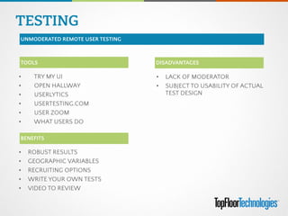 TESTING
UNMODERATED REMOTE USER TESTING
!
• TRY MY UI
• OPEN HALLWAY
• USERLYTICS
• USERTESTING.COM
• USER ZOOM
• WHAT USERS DO
TOOLS
• ROBUST RESULTS
• GEOGRAPHIC VARIABLES
• RECRUITING OPTIONS
• WRITE YOUR OWN TESTS
• VIDEO TO REVIEW
BENEFITS
DISADVANTAGES
• LACK OF MODERATOR
• SUBJECT TO USABILITY OF ACTUAL
TEST DESIGN
 
