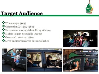 Target Audience
v Women ages 30-45
v Generation X (1965-1980)
v Have one or more children living at home
v Middle to high household income
v Owns and uses a car often
v Lives in suburban areas outside of cities
 