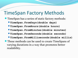 TimeSpan Factory Methods
TimeSpan has a series of static factory methods:
  TimeSpan.FromDays(double days)
  TimeSpan.FromHours(double hours)
  TimeSpan.FromMinutes(double minutes)
  TimeSpan.FromSeconds(double seconds)
  TimeSpan.FromMilliseconds(double millis)
These methods can be used to create TimeSpans of
 varying durations in a way that promotes better
 readability.
 