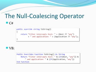 The Null-Coalescing Operator
C#




VB:
 