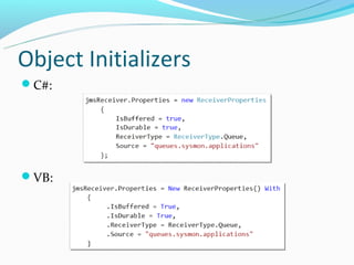 Object Initializers
C#:




VB:
 