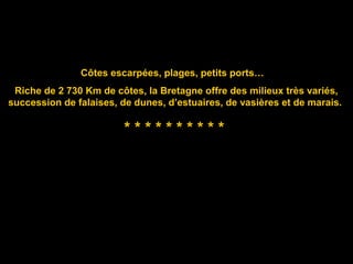Côtes escarpées, plages, petits ports…
Riche de 2 730 Km de côtes, la Bretagne offre des milieux très variés,
succession de falaises, de dunes, d’estuaires, de vasières et de marais.
* * * * * * * * * *
 