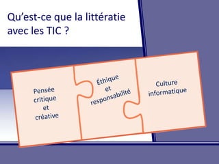 Qu’est-ceque la littératieavec les TIC ?   Éthique et responsabilitéPensée critique et créativeCulture informatique