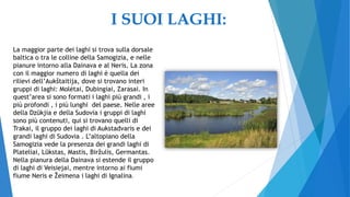 I SUOI LAGHI:
La maggior parte dei laghi si trova sulla dorsale
baltica o tra le colline della Samogizia, e nelle
pianure intorno alla Dainava e al Neris. La zona
con il maggior numero di laghi è quella dei
rilievi dell’Aukštaitija, dove si trovano interi
gruppi di laghi: Molėtai, Dubingiai, Zarasai. In
quest’area si sono formati i laghi più grandi , i
più profondi , i più lunghi del paese. Nelle aree
della Dzūkjia e della Sudovia i gruppi di laghi
sono più contenuti, qui si trovano quelli di
Trakai, il gruppo dei laghi di Aukstadvaris e dei
grandi laghi di Sudovia . L’altopiano della
Samogizia vede la presenza dei grandi laghi di
Plateliai, Lūkstas, Mastis, Biržulis, Germantas.
Nella pianura della Dainava si estende il gruppo
di laghi di Veisiejai, mentre intorno ai fiumi
fiume Neris e Žeimena i laghi di Ignalina.
 