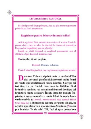 C M
Y K




                     LITURGHIERUL PASTORAL

         {i stând preotul lâng prinoase, zice cu glas mare rugciunea
      potrivit cu felul prinoaselor.

            Rugciune pentru binecuv=ntarea colivei

         Adic a grâului fiert, amestecat cu miere [i a altor feluri de
      poame dulci, care se aduc `n biseric `n cinstea [i pomenirea
      Praznicelor ~mprte[ti sau ale sfin]ilor.
         ~ndat se cânt troparul [i condacul praznicului sau al
      sfântului. Apoi diaconul, tmâind, zice:

         Domnului s ne rugm.

                        Poporul: Doamne miluie[te.

         Preotul, stând lâng coliv, zice cu glas mare rugciunea aceasta:


         D      oamne, Cel care ai plinit toate cu cuvântul Tu
                [i ai poruncit pmântului s scoat multe feluri
      de roade spre desftarea [i hrana noastr; Care pe cei
      trei tineri [i pe Daniel, care erau `n Babilon, fiind
      hrni]i cu semin]e, i-ai artat mai frumo[i dec=t pe cei
      hrni]i cu multe desftri; ~nsu]i, `ntru tot Bunule ~m-
      prate, [i aceste semin]e cu multe feluri de roade bine-
      cuvinteaz-le ([i preotul, binecuvântând, face semnul Sfintei
      Cruci peste ele) [i sfin]e[te pe cei care vor gusta din ele, c
      acestea spre slava Ta [i spre cinstirea Sfântului (N) s-au
      pus `naintea Ta de robii Ti; `nc [i spre pomenirea
                                      222
                                                                              C M
                                                                              Y K
 