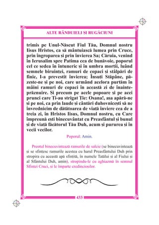 C M
                                                                            Y K




                  ALTE R+NDUIELI {I RUG|CIUNI

      trimis pe Unul-Nscut Fiul Tu, Domnul nostru
      Iisus Hristos, ca s m=ntuiasc lumea prin Cruce,
      prin `ngroparea [i prin `nvierea Sa; Cruia, venind
      `n Ierusalim spre Patima cea de bunvoie, poporul
      cel ce [edea `n `ntuneric [i `n umbra mor]ii, lu=nd
      semnele biruin]ei, ramuri de copaci [i st=lpri de
      finic, I-a prevestit `nvierea; ~nsu]i Stp=ne, p-
      ze[te-ne [i pe noi, care urm=nd acelora purtm `n
      m=ini ramuri de copaci `n aceast zi de `nainte-
      prznuire. {i precum pe acele popoare [i pe acei
      prunci care }i-au strigat }ie: Osana!, a[a apr-ne
      [i pe noi, ca prin laude [i c=ntri duhovnice[ti s ne
      `nvrednicim de dttoarea de via] `nviere cea de a
      treia zi, `n Hristos Iisus, Domnul nostru, cu Care
      `mpreun e[ti binecuv=ntat cu Preasf=ntul [i bunul
      [i de via] fctorul Tu Duh, acum [i pururea [i `n
      vecii vecilor.
                               Poporul: Amin.

          Preotul binecuvinteaz ramurile de salcie (se binecuvinteaz
      [i se sfin]esc ramurile acestea cu harul Preasf=ntului Duh prin
      stropira cu aceast ap sfin]it, `n numele Tatlui [i al Fiului [i
      al Sf=ntului Duh, amin), stropindu-le cu aghiazm `n semnul
      Sfintei Cruci, [i le `mparte credincio[ilor.




                                     433
C M
Y K
 