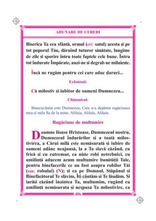 C M
Y K                                                                 K




                      ADUNARE DE CERERI

      Biserica Ta cea sf=nt, ora[ul (ori: satul) acesta [i pe
      tot poporul Tu, druind tuturor sntate, lungime
      de zile [i sporire `ntru toate faptele cele bune. ~ntru
      tot `ndurate ~mprate, auzi-ne [i degrab ne miluie[te.

        ~nc ne rugm pentru cei care aduc daruri...
                              Ecfonisul:

        C milostiv [i iubitor de oameni Dumnezeu...
                             Chinonicul:

        Binecuv=ntat este Dumnezeu, Care n-a deprtat rugciunea
      mea [i mila Sa de la mine. Aliluia, Aliluia, Aliluia.

                    Rugciune de mul]umire


        D     oamne Iisuse Hristoase, Dumnezeul nostru,
              Dumnezeul `ndurrilor [i a toat milos-
      tivirea, a Crui mil este nemsurat [i iubire de
      oameni ad=nc neajuns, la a Ta slav cz=nd, cu
      fric [i cu cutremur, ca ni[te robi netrebnici, cu
      umilin] aducem acum mul]umire bunt]ii Tale,
      pentru binefacerile ce au fost asupra robilor Ti
      (sau: robului) (N); [i ca pe Domnul, Stp=nul [i
      Binefctorul Te slvim, ~]i c=ntm [i Te ludm. {i
      iar[i cz=nd `naintea Ta, mul]umim, rug=nd cu
      umilin] nemsurata [i nespusa Ta milostivire, ca
                                 486
                                                                   C M
 K                                                                 Y K
 
