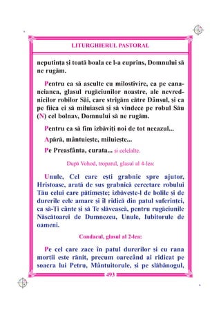 C M
 K                                                             Y K




                  LITURGHIERUL PASTORAL

      neputin]a [i toat boala ce l-a cuprins, Domnului s
      ne rugm.
         Pentru ca s asculte cu milostivire, ca pe cana-
      neianca, glasul rugciunilor noastre, ale nevred-
      nicilor robilor Si, care strigm ctre D=nsul, [i ca
      pe fiica ei s miluiasc [i s vindece pe robul Su
      (N) cel bolnav, Domnului s ne rugm.
        Pentru ca s fim izbvi]i noi de tot necazul...
        Apr, m=ntuie[te, miluie[te...
        Pe Preasf=nta, curata... [i celelalte.
                Dup Vohod, troparul, glasul al 4-lea:

         Unule, Cel care e[ti grabnic spre ajutor,
      Hristoase, arat de sus grabnic cercetare robului
      Tu celui care ptime[te; izbve[te-l de bolile [i de
      durerile cele amare [i `l ridic din patul suferin]ei,
      ca s-}i c=nte [i s Te slveasc, pentru rugciunile
      Nsctoarei de Dumnezeu, Unule, Iubitorule de
      oameni.
                     Condacul, glasul al 2-lea:

        Pe cel care zace `n patul durerilor [i cu rana
      mor]ii este rnit, precum oarec=nd ai ridicat pe
      soacra lui Petru, M=ntuitorule, [i pe slbnogul,
                                 493
C M
Y K                                                             K
 